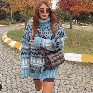 Zara Oversized Knit Jacquard Fair Isle Turtleneck Sweater Dress Blue Brown M